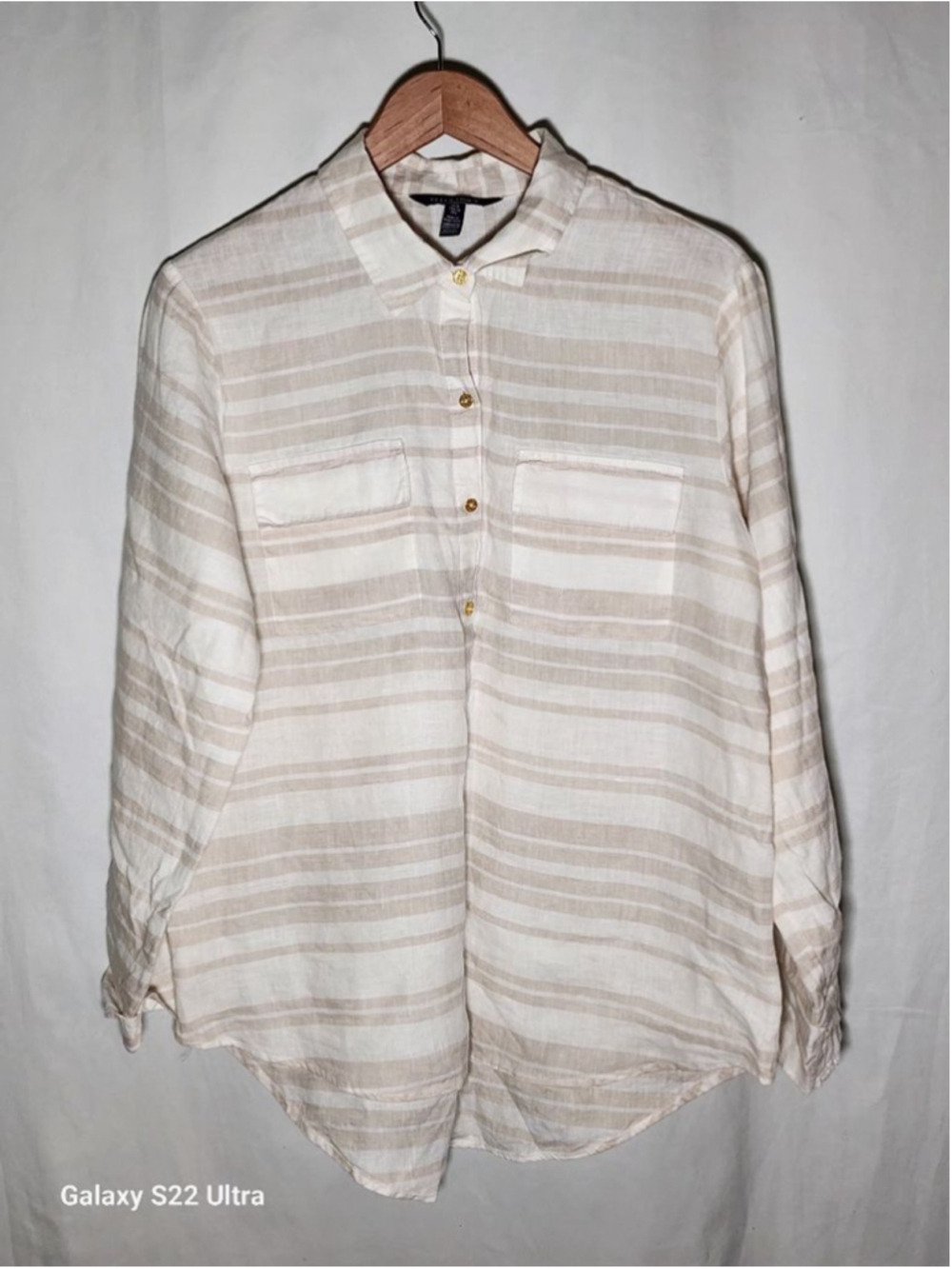 Women's ELLEN TRACY Beige White Striped Linen Button Down Shirt L